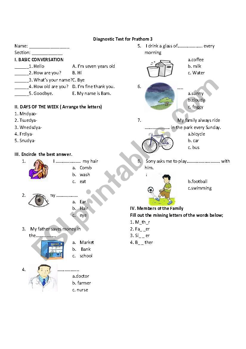 Diagnostic Exam in English worksheet