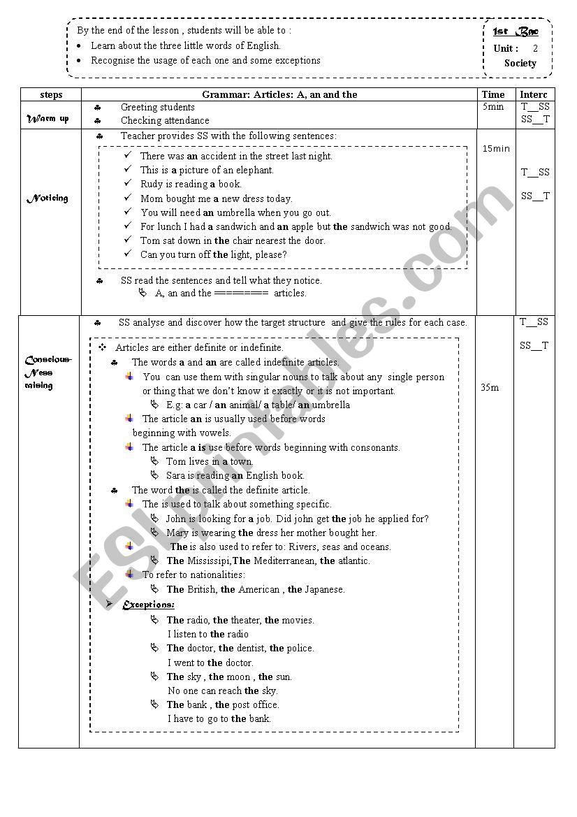 Articles worksheet