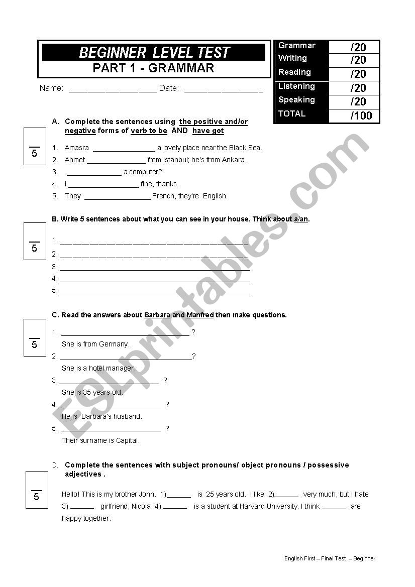 beginner grammar exam worksheet