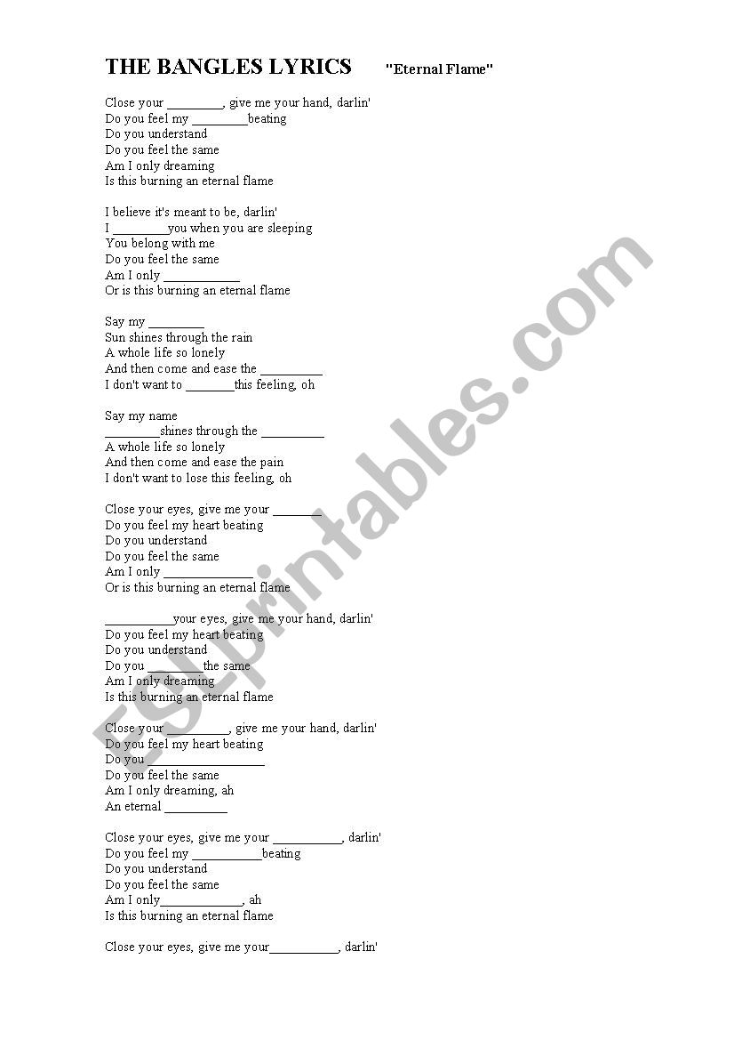 The Bangles_lyrics_gaps worksheet