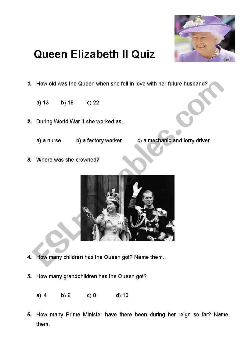 Queen Elizabeth II Quiz ESL worksheet by Rena1970