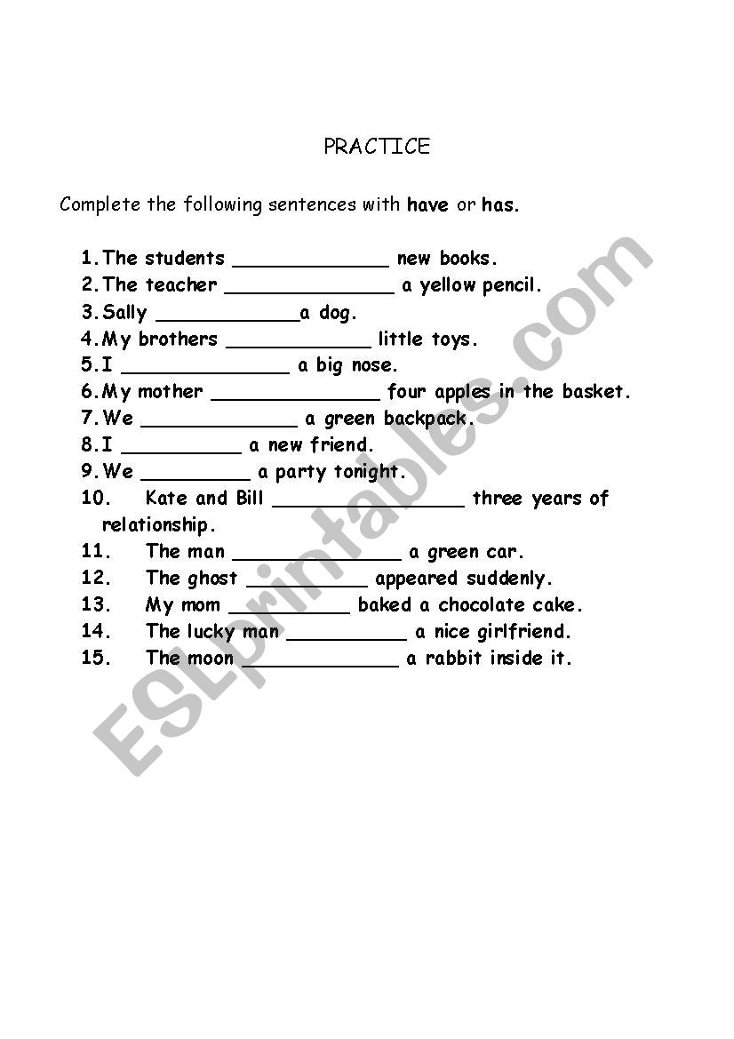 Have and has for kids worksheet