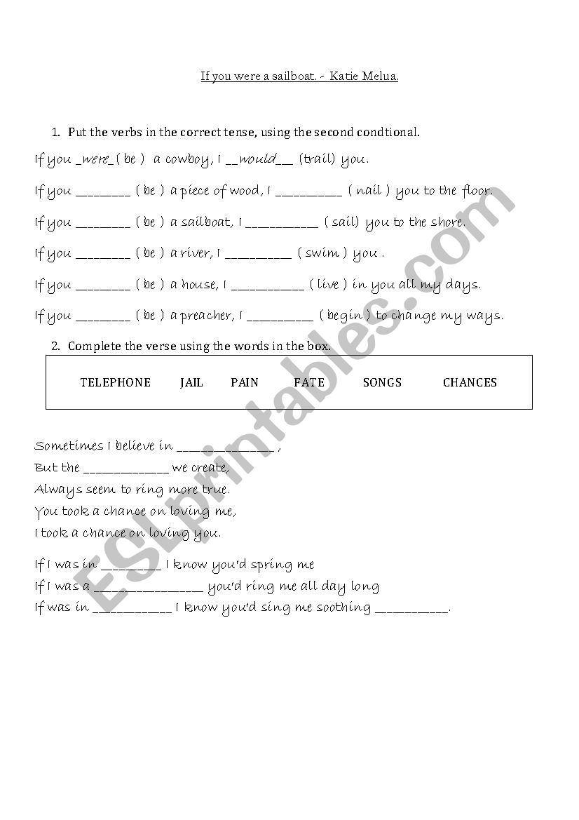 If you were a sailboat. Song worksheet