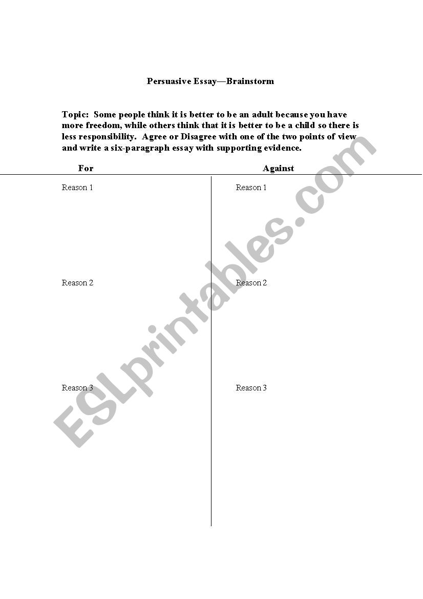 T-chart pre-write Better to be Adult or Child