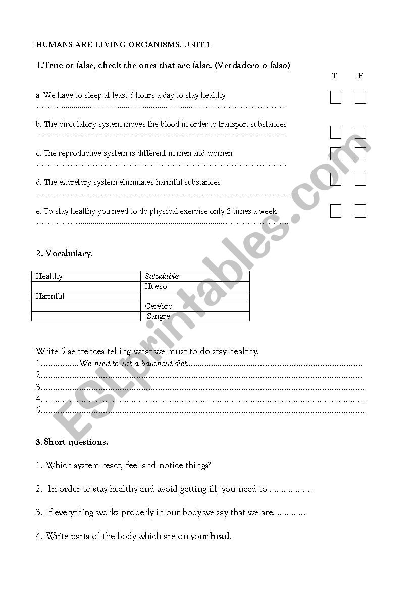 Questions (test) HUMANS ARE LIVING ORGANISMS