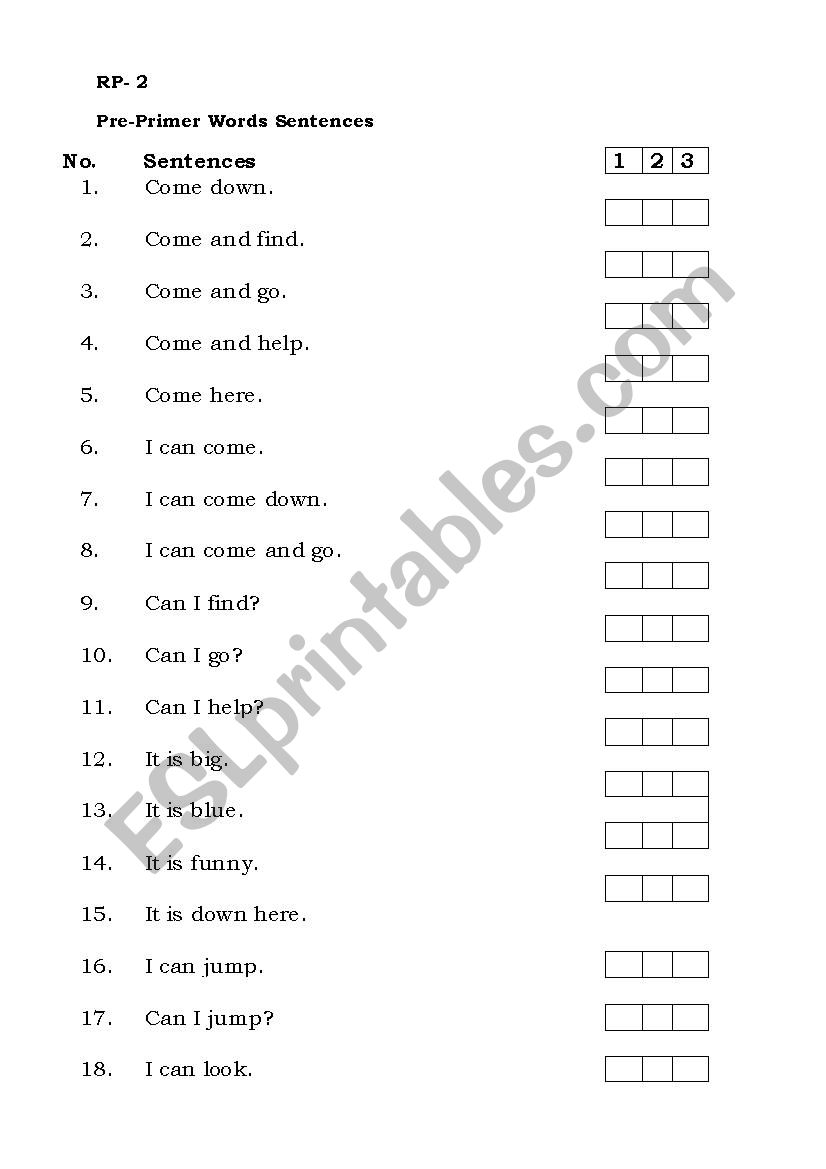 Reading Programme-Sentences worksheet