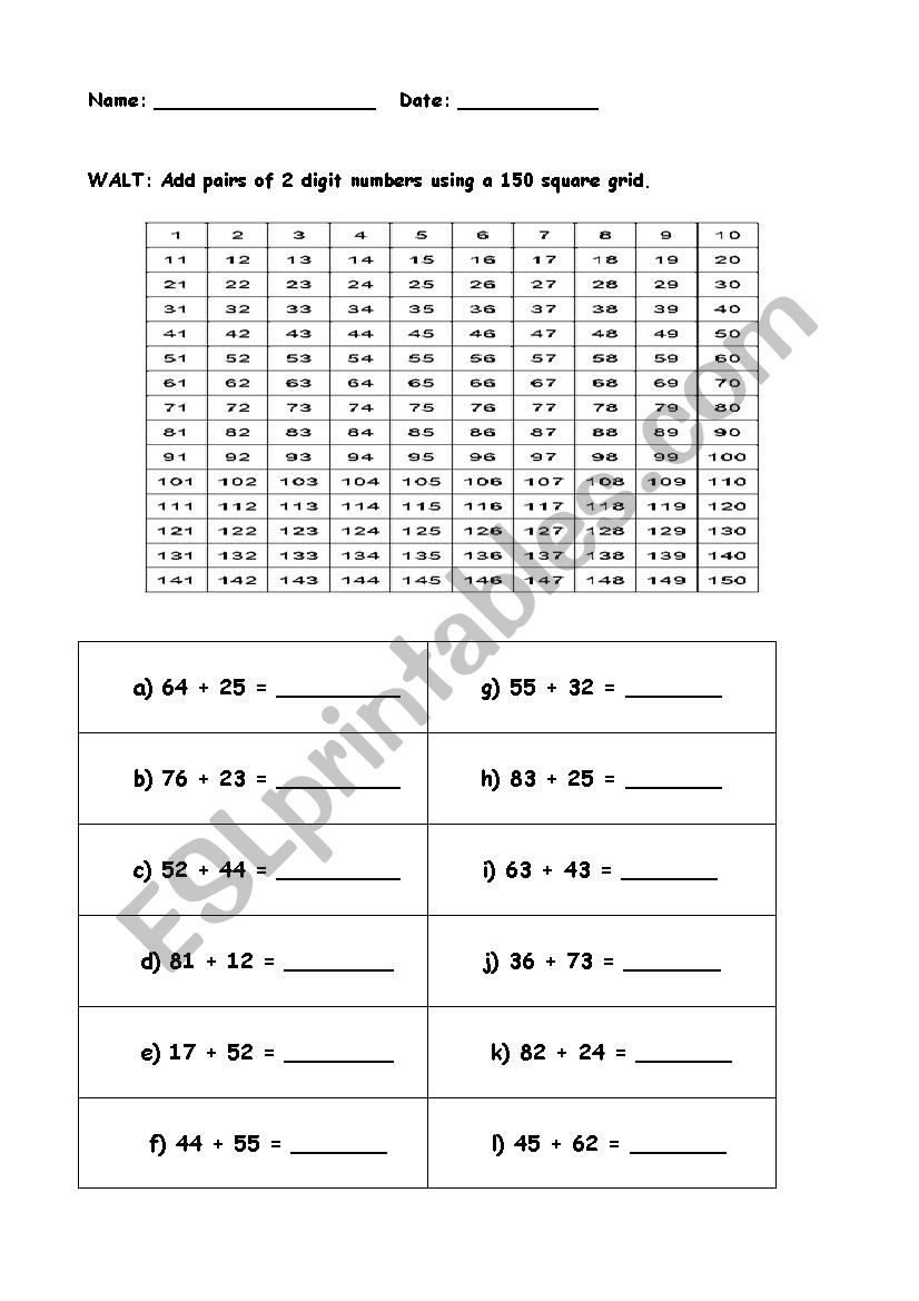 2 digit addition using 150 grid