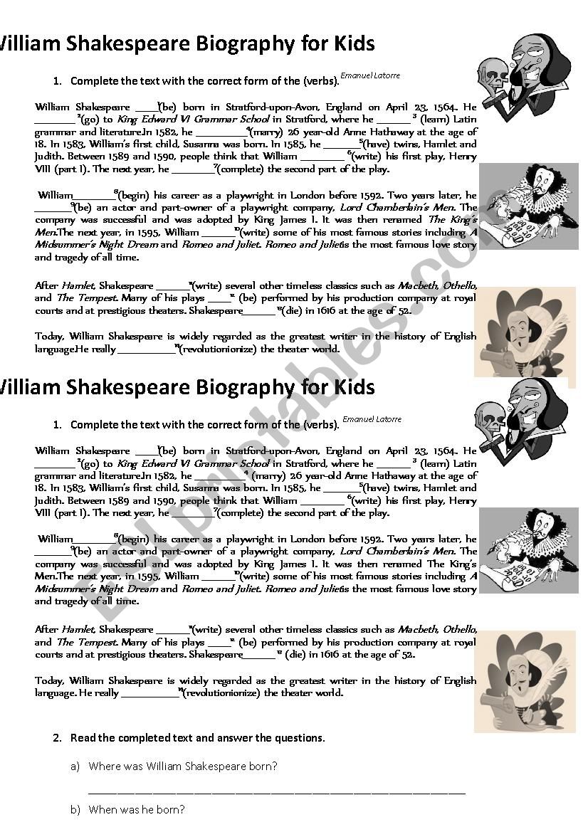 william shakespeare biography worksheet answers