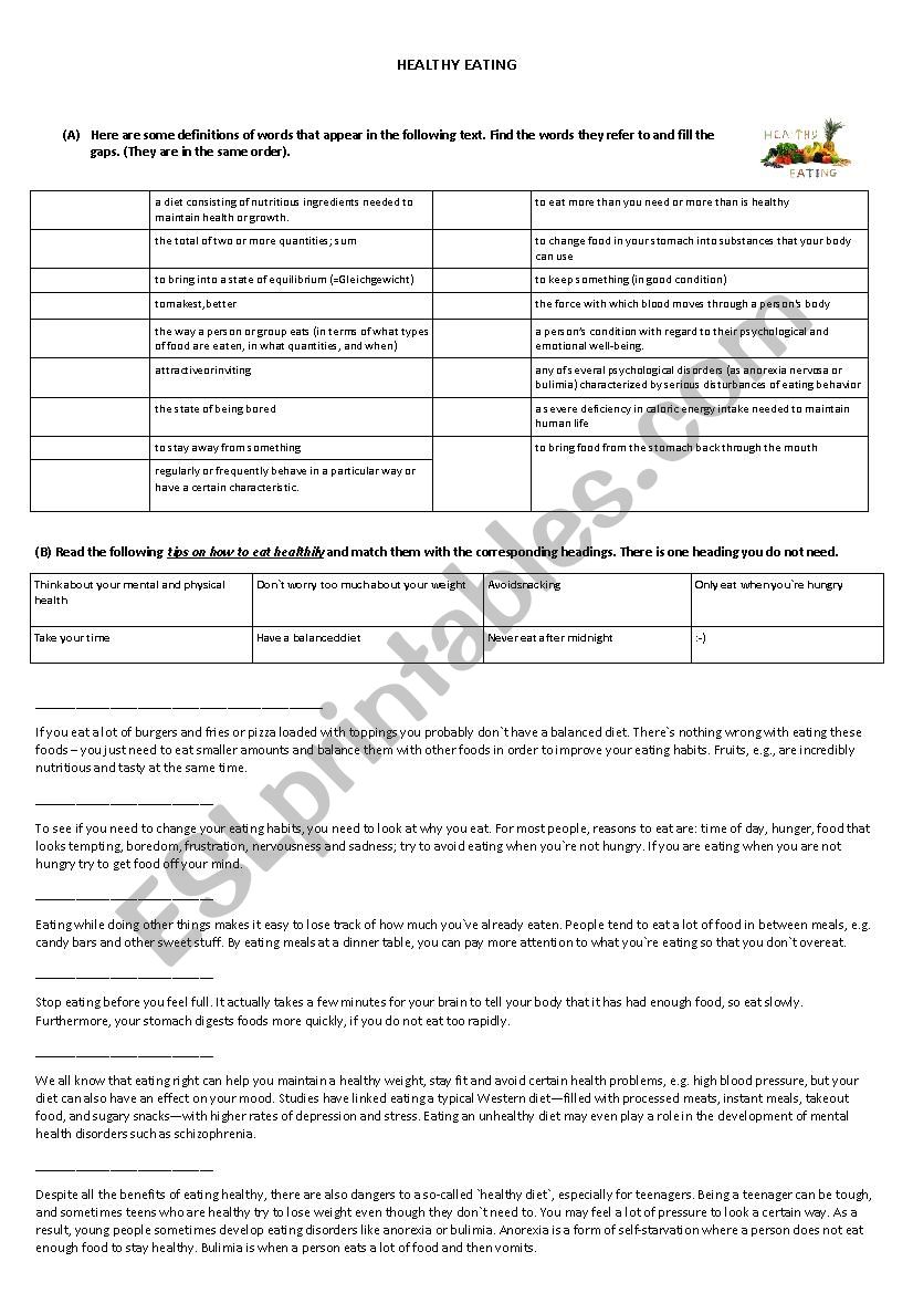 Healthy Eating - pre-, while-, post reading activity