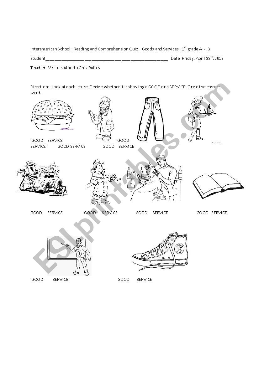 Goods and services  worksheet