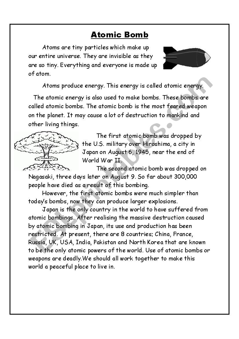 Atomic Bomb ESL Worksheet By YousraASR