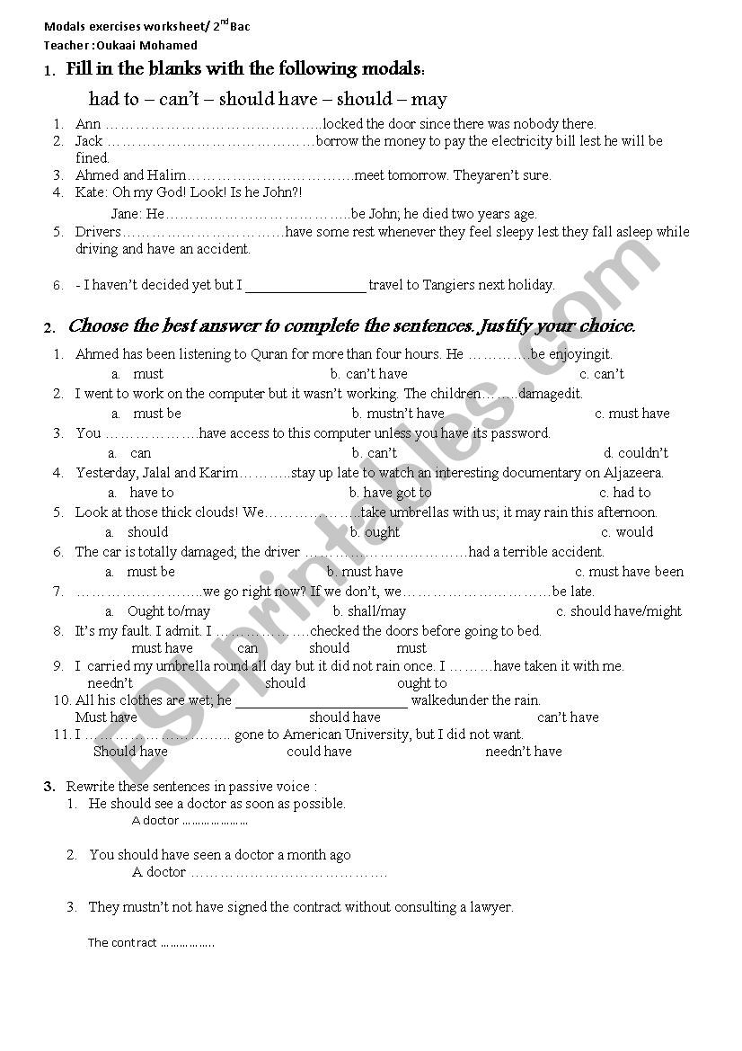 Modals 2nd Bac worksheet