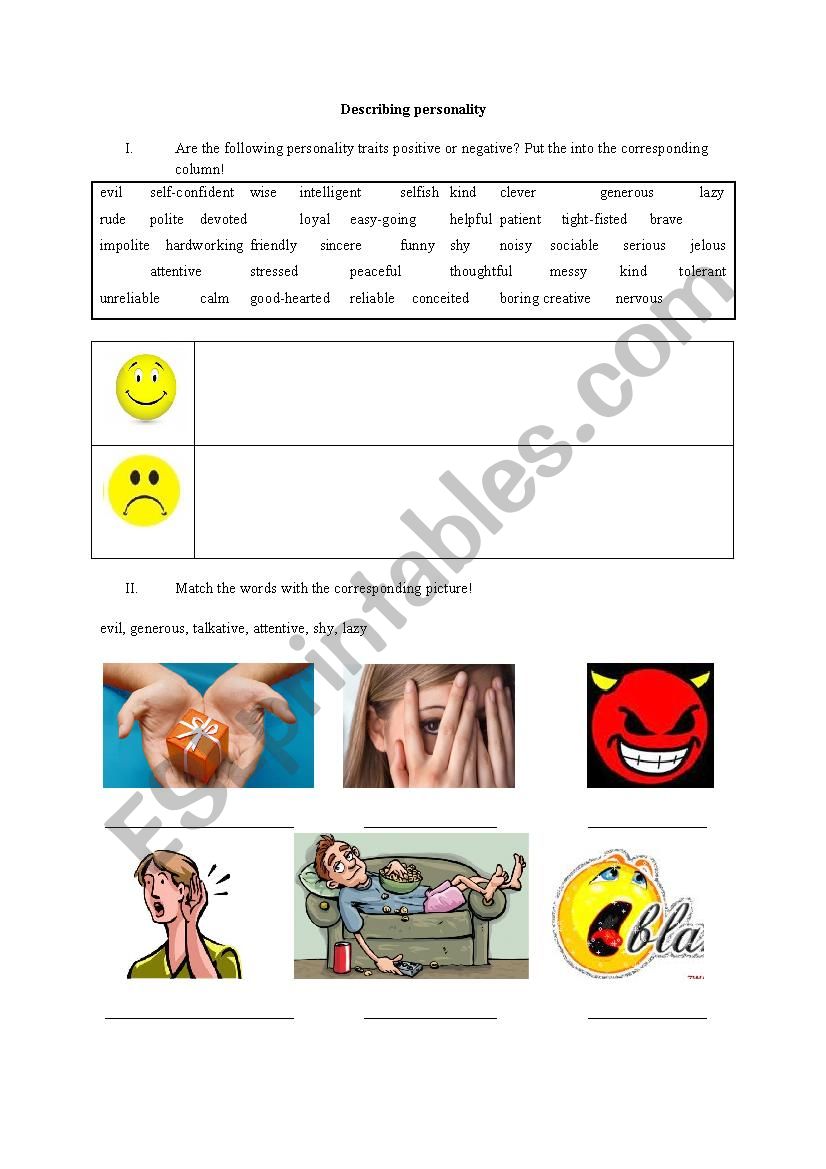 Describing personality worksheet