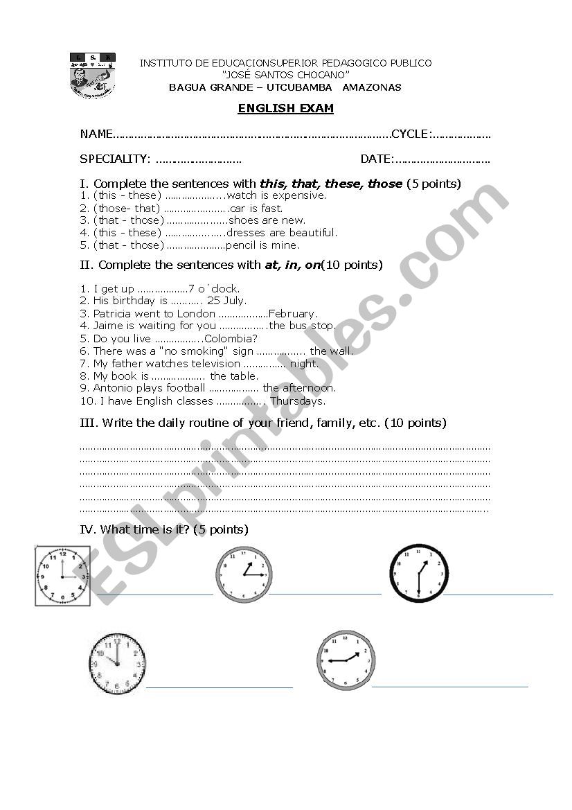 ENGLISH EXAM  worksheet