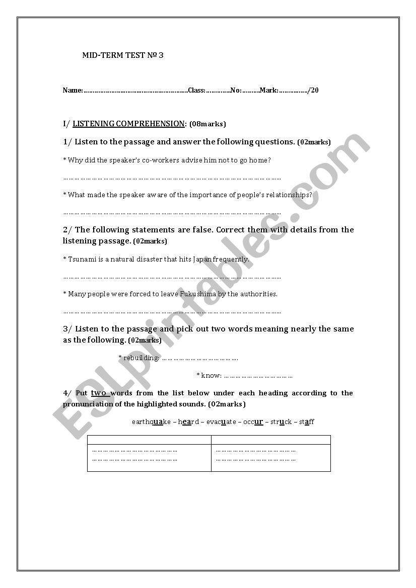 third term tests  worksheet