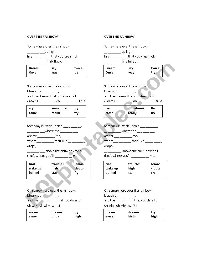 OVER THE RAINBOW worksheet