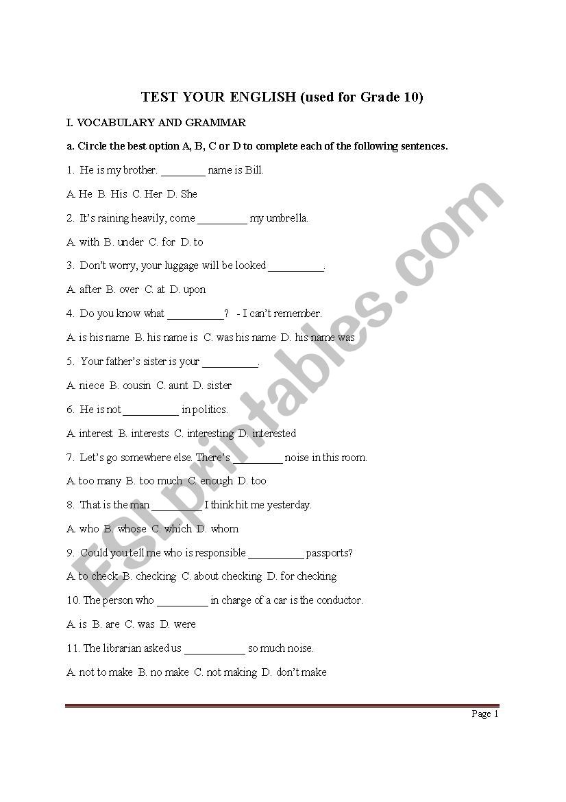test your english level worksheet