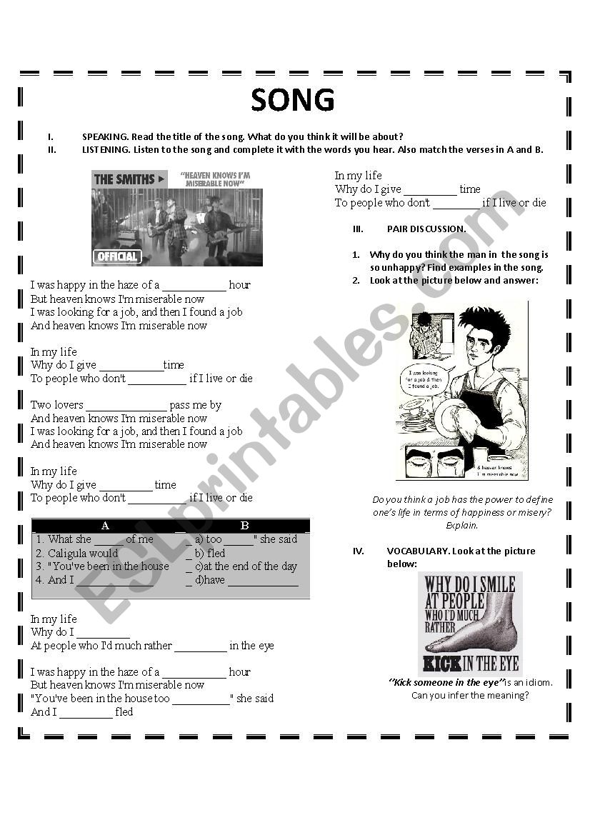 Heavens Knows I M Miserable The Smiths Esl Worksheet By Albus Dumbledore