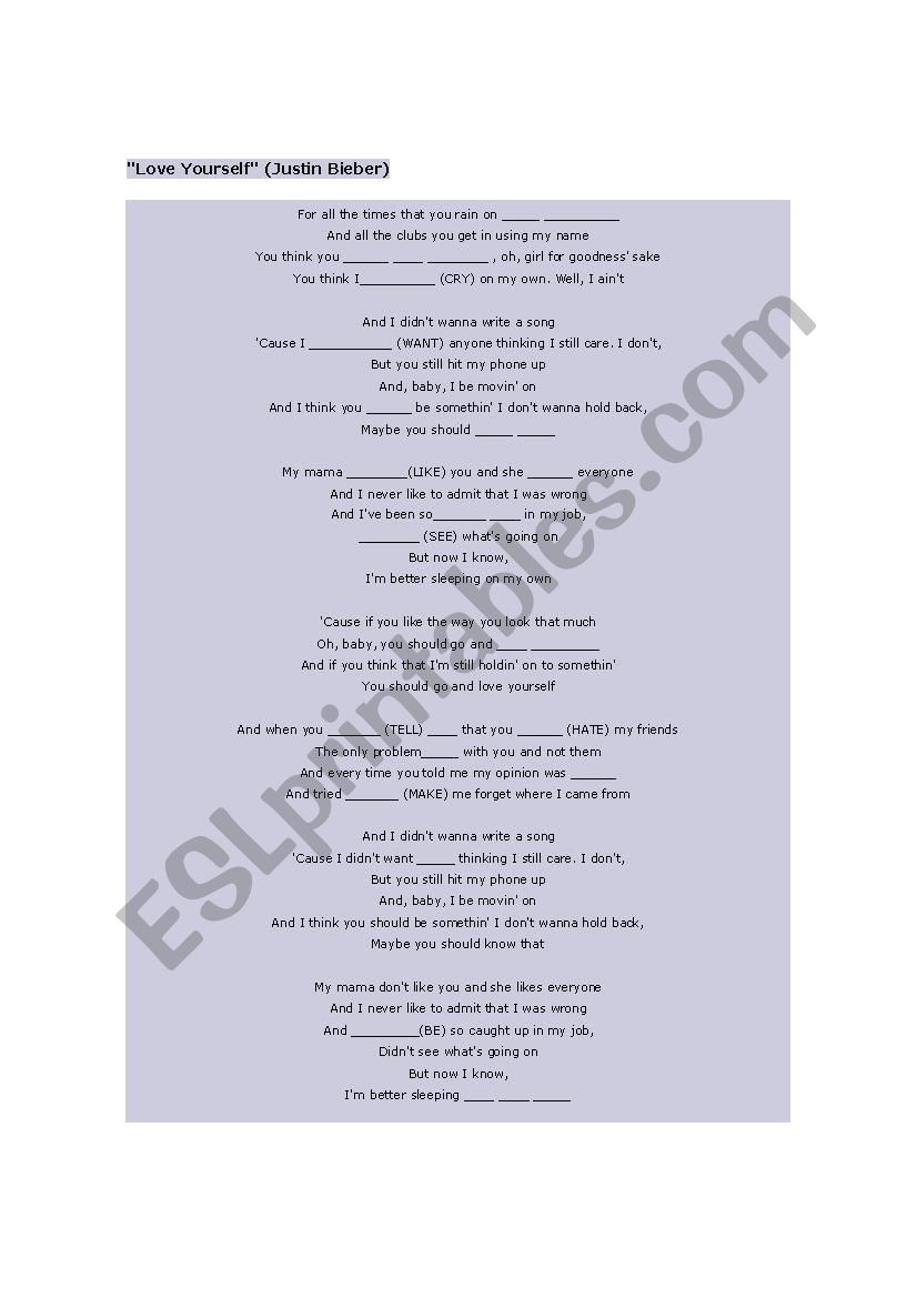 love yourself (justin bieber) worksheet