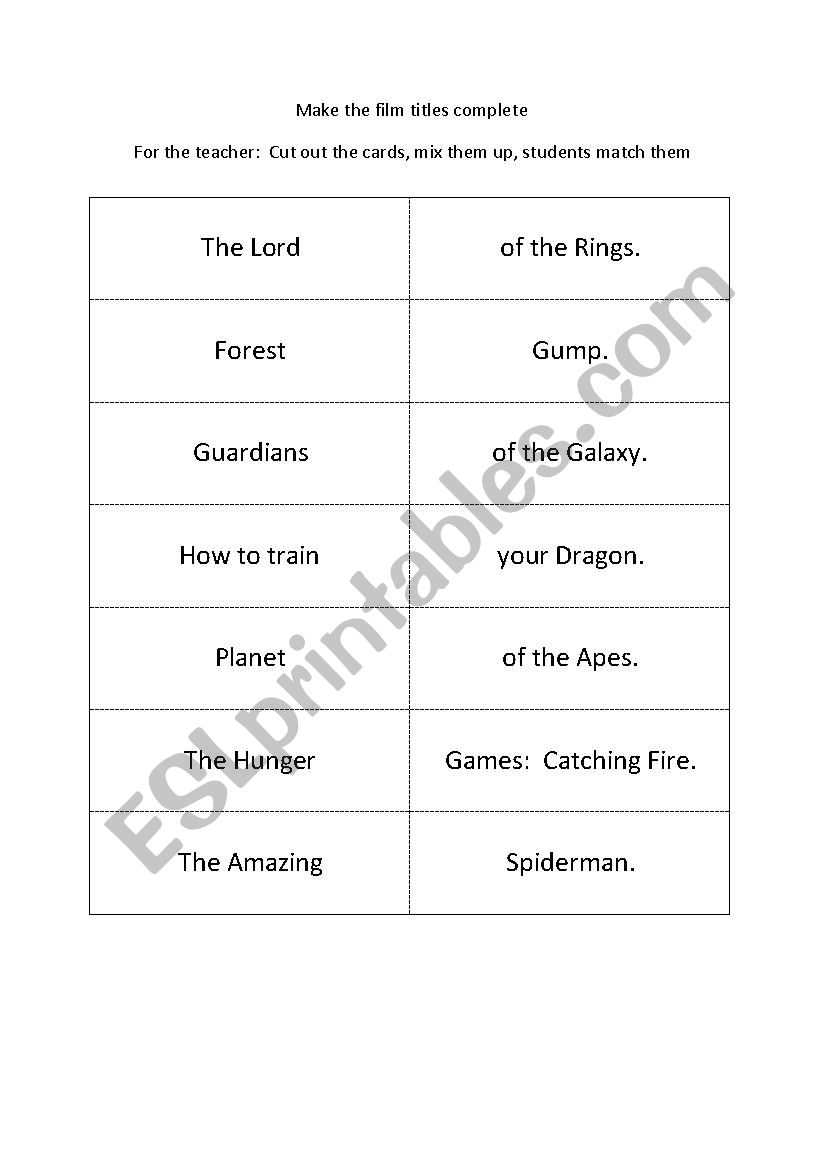 Film matching cards worksheet