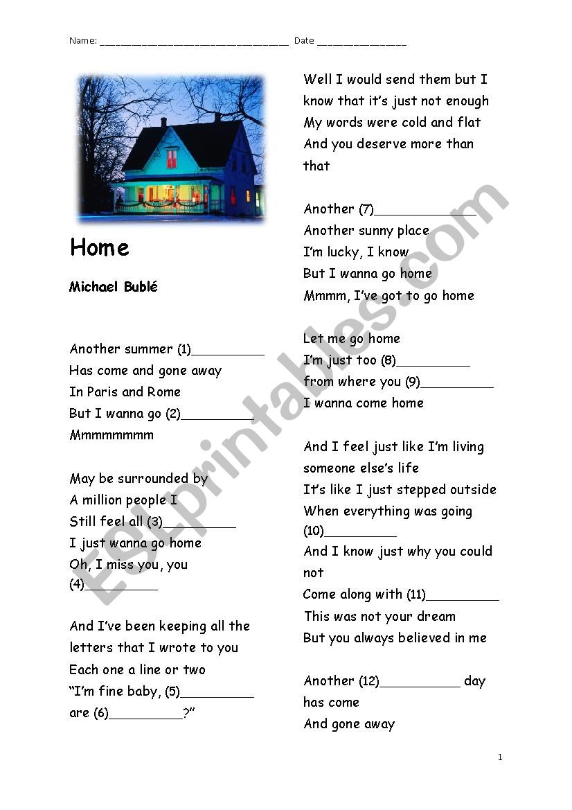 Michael Buble - Home song and nurser…: English ESL worksheets pdf