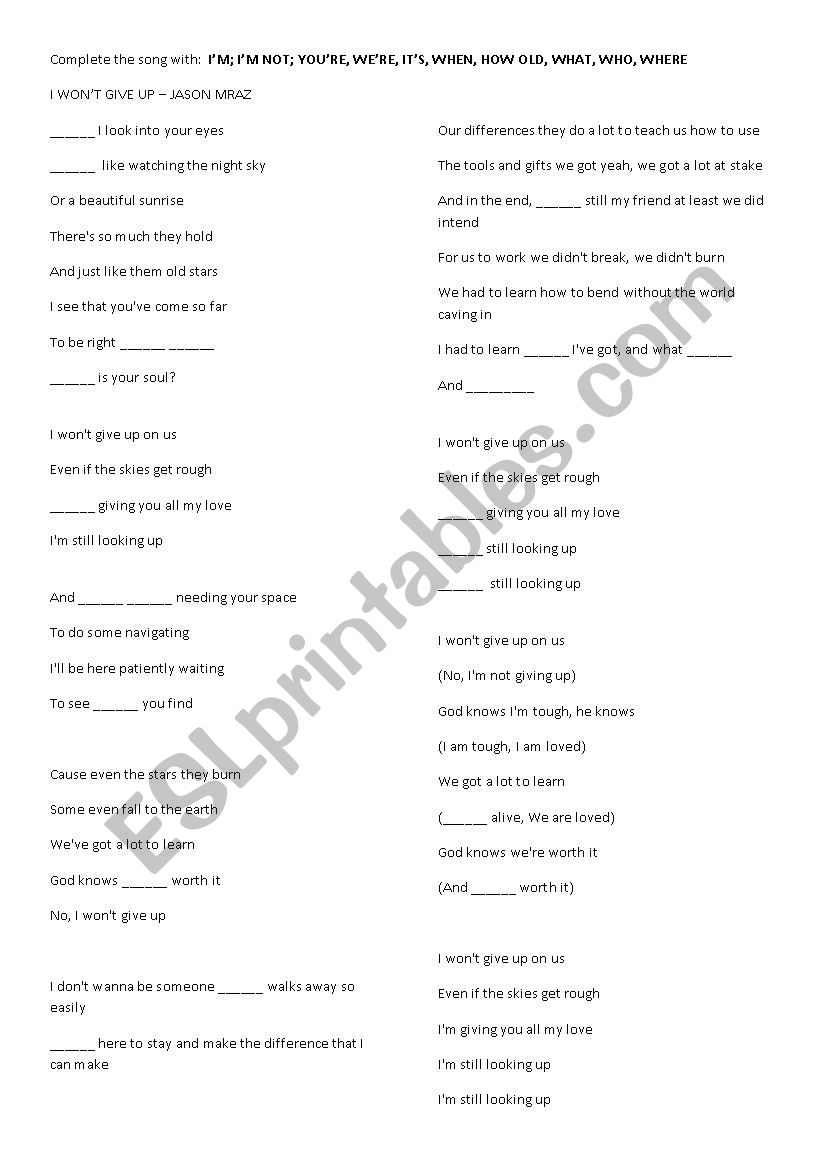 I won´t give up - ESL worksheet by janairala