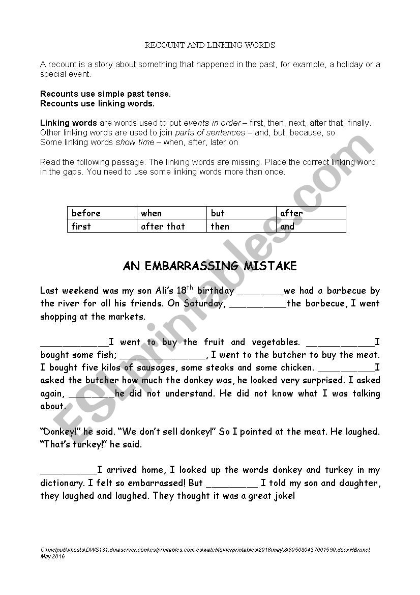 Recount and linking words worksheet