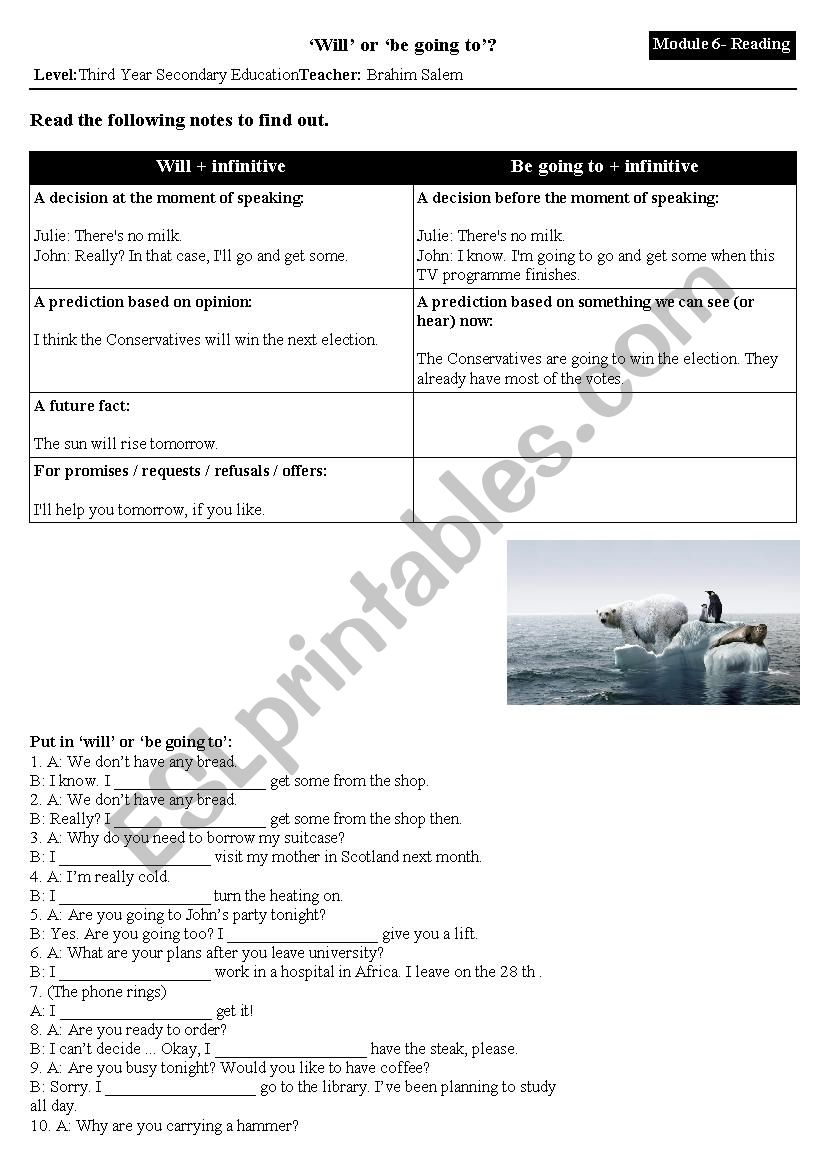 Will or be going to? worksheet