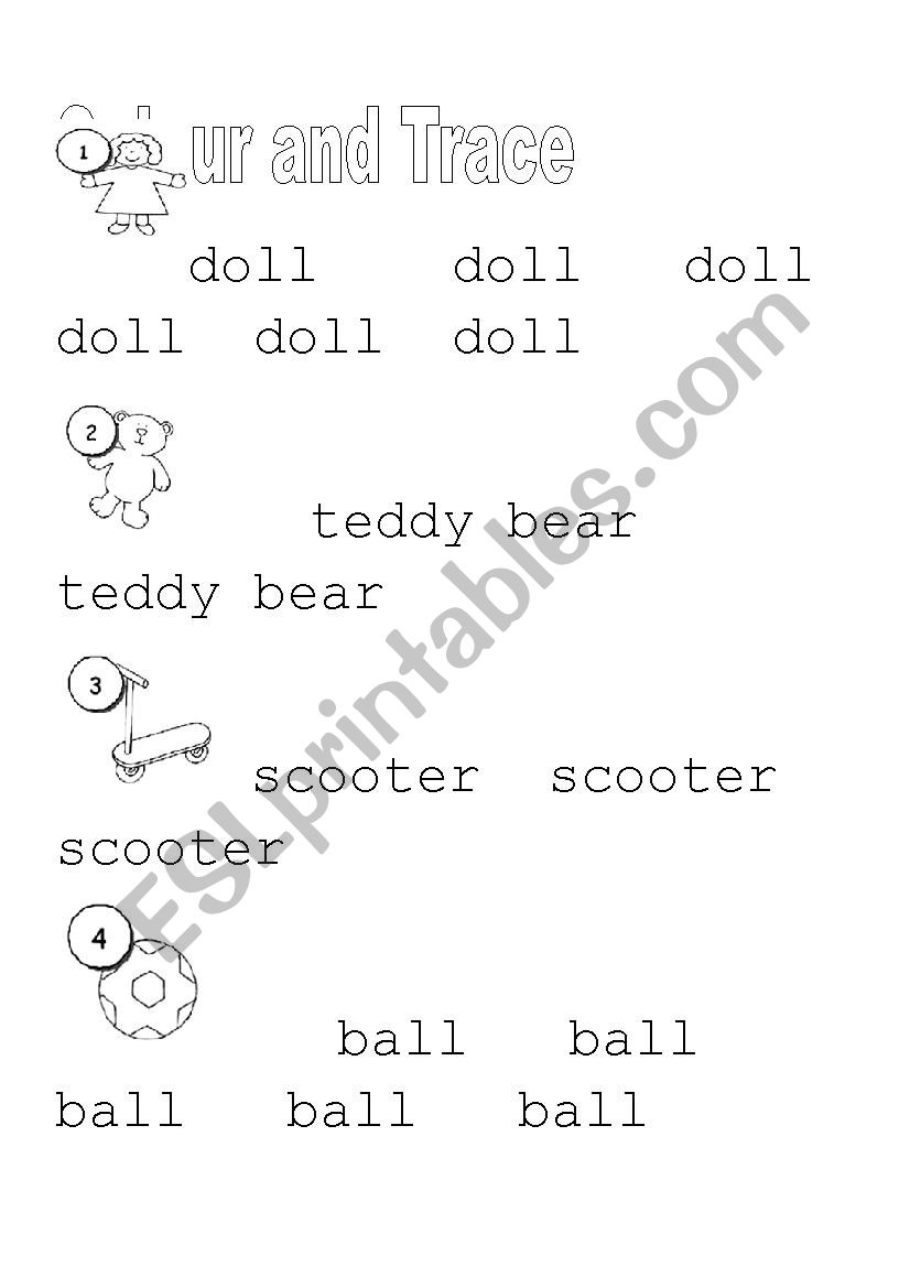 trace and colour  toys worksheet