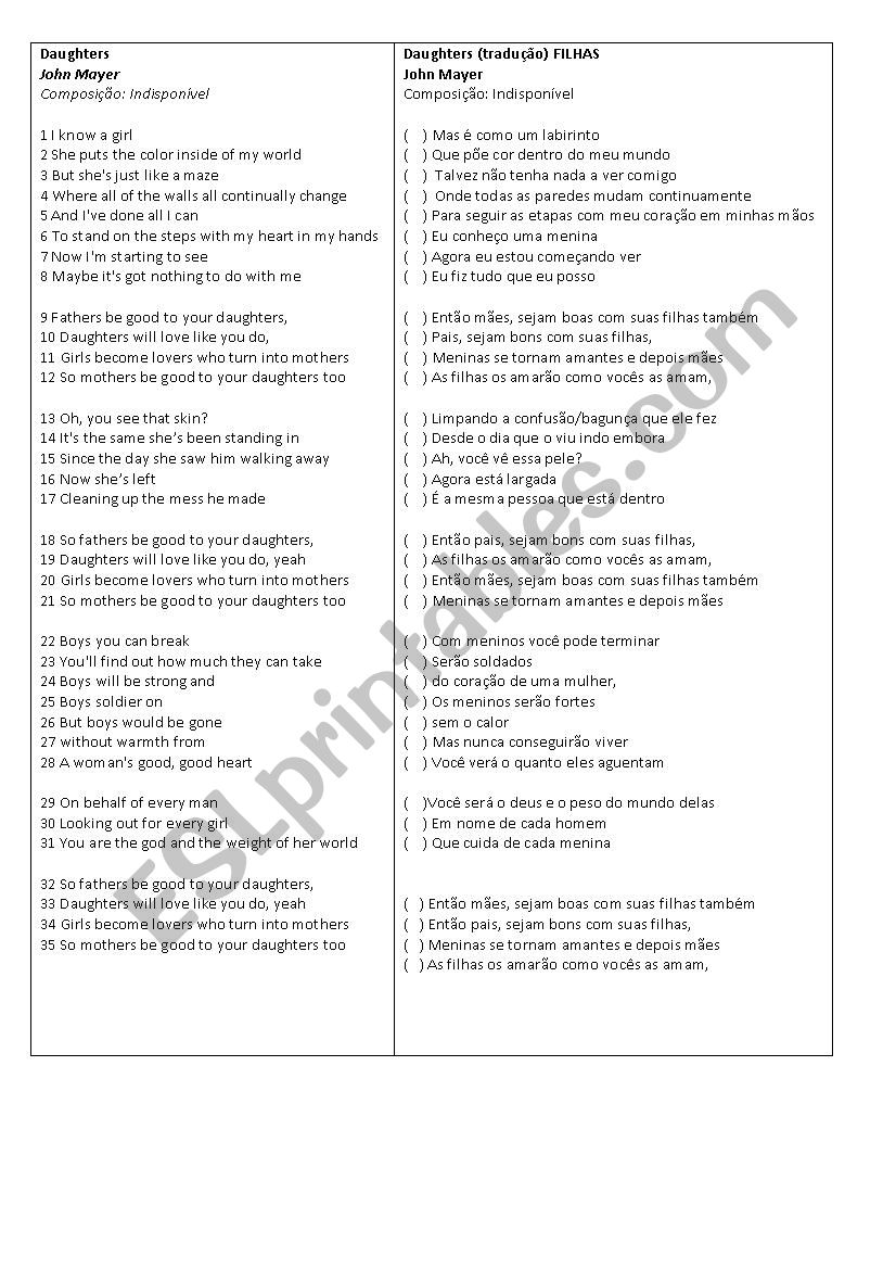 Daughters - John Mayer worksheet