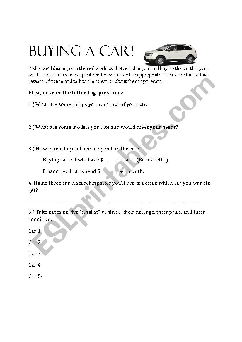 Buying a car worksheet, High School - ESL worksheet by mrbauersemail