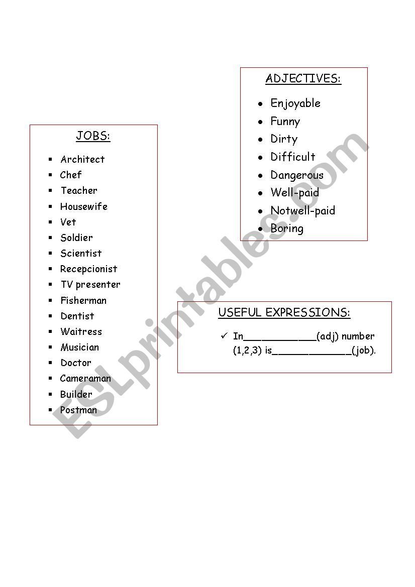 Jobs and adjectives worksheet