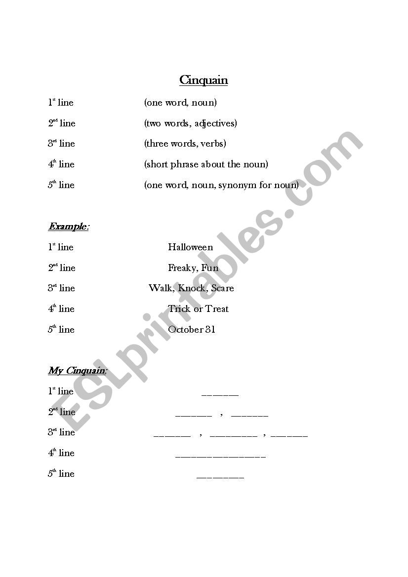 Cinquain Poetry worksheet