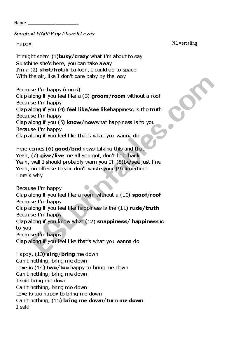 Song Happy by Pharel Lewis worksheet