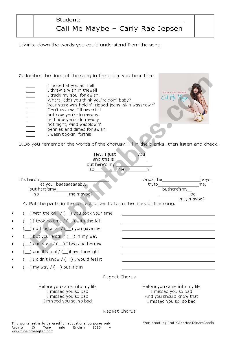 Call me maybe. worksheet