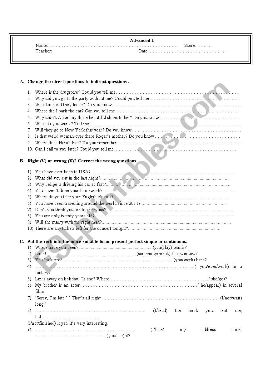 Test for advanced students worksheet