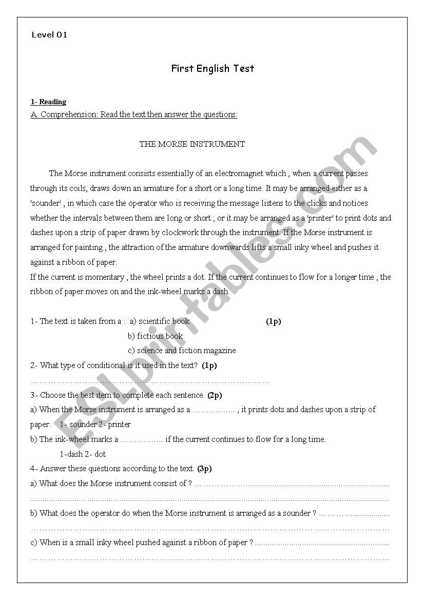 english test worksheet