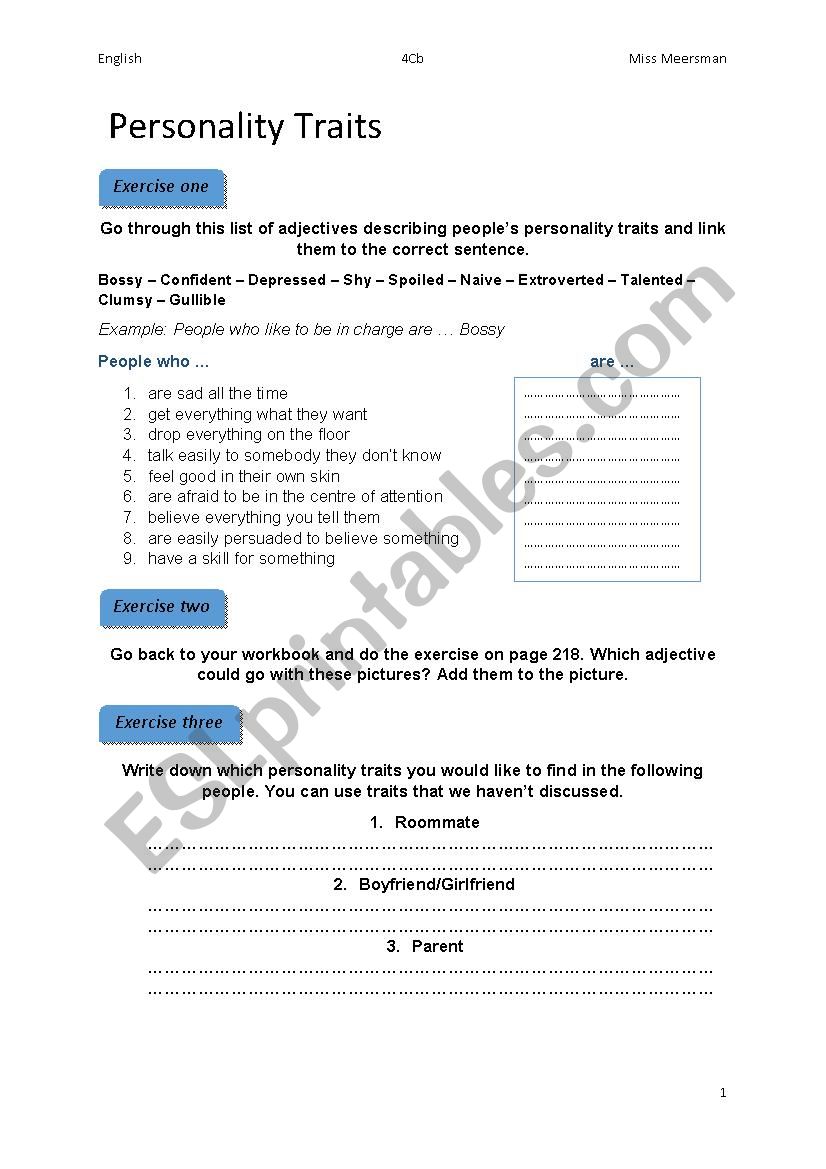 Personality traits worksheet