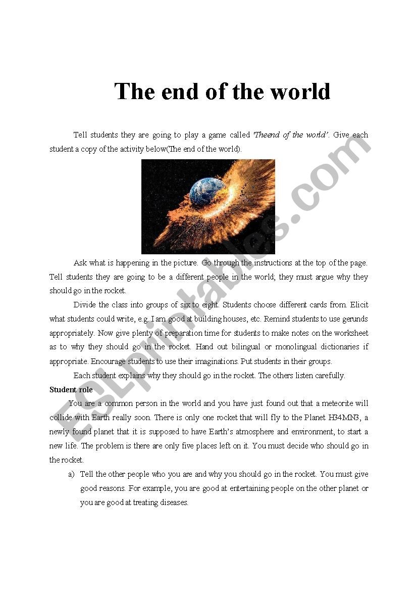 The end of the world - a role play survival game - ESL worksheet