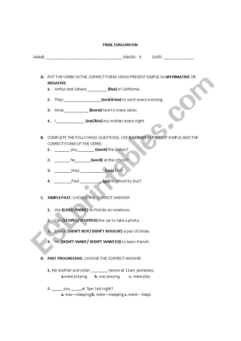 TEST  worksheet