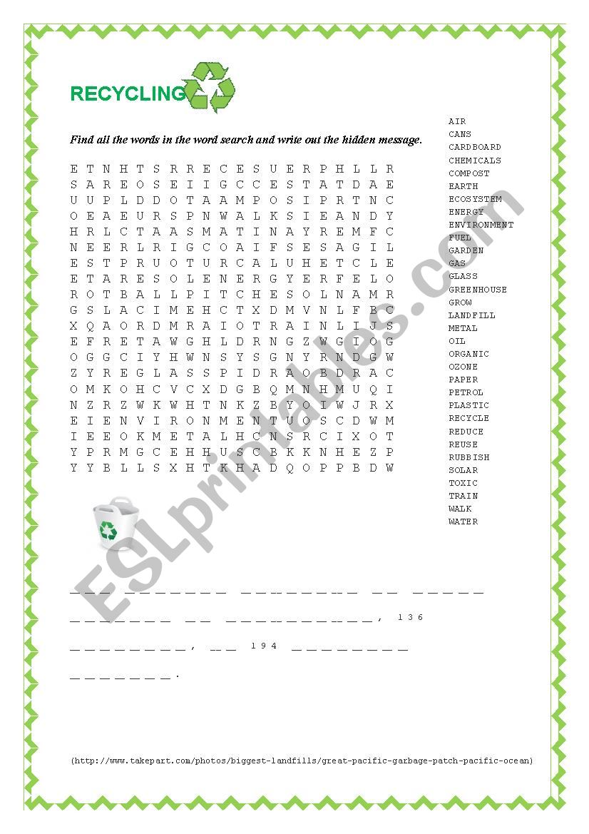 lets recycle word search with a hidden message esl worksheet by