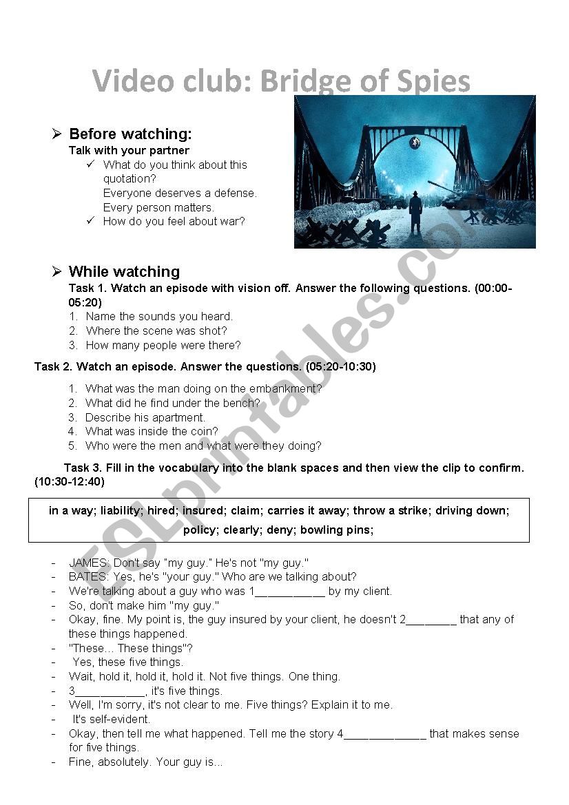 Bridge Of Spies ESL Worksheet By Olyaskubelska