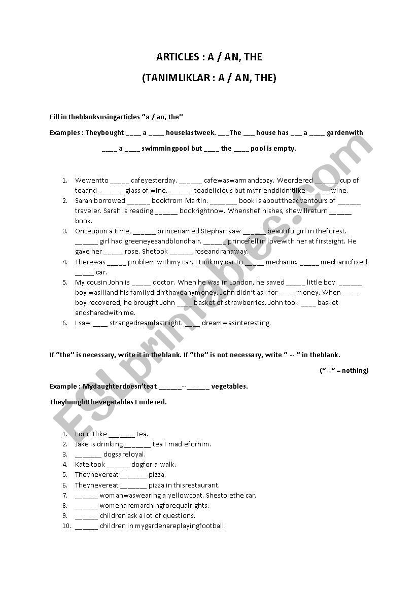 Articles worksheet