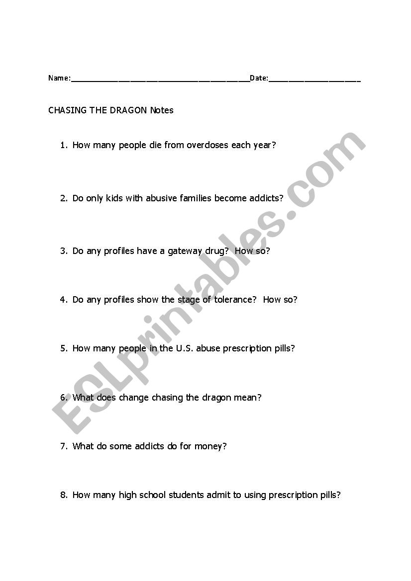 Chasing the Dragon worksheet