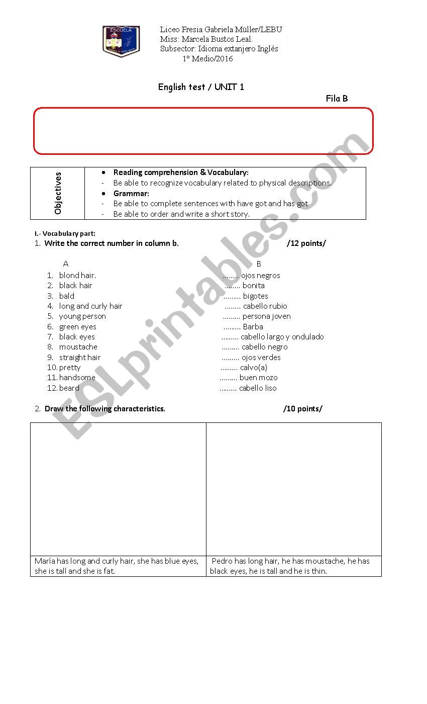 test describe people worksheet