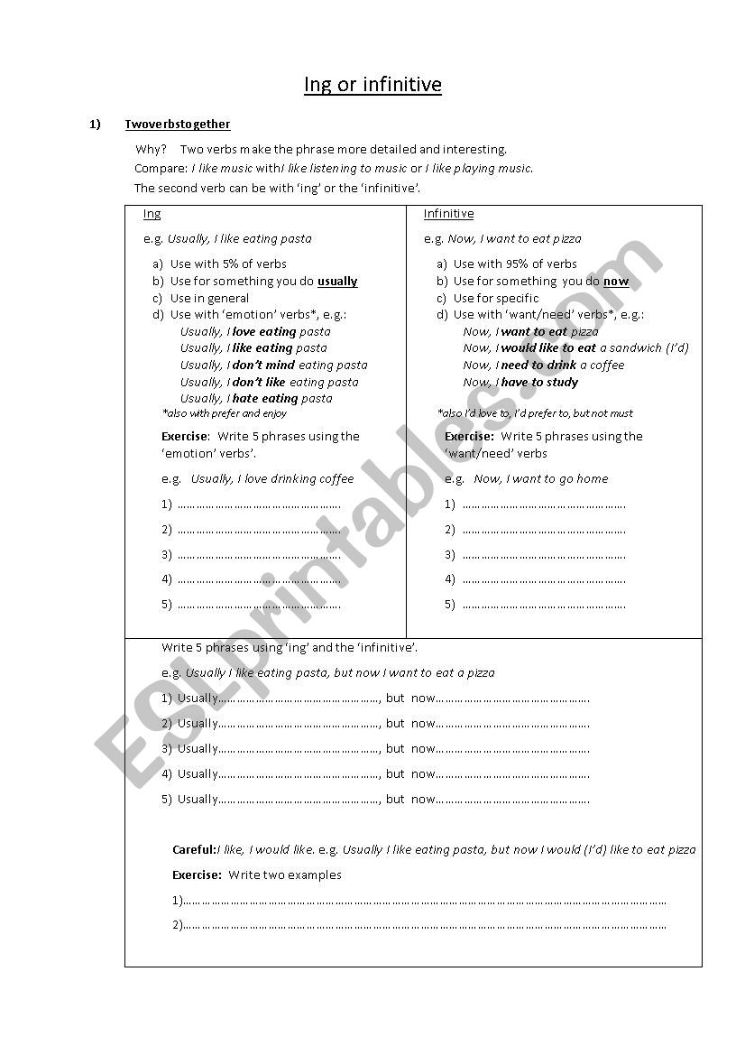 Infinitive or ing worksheet