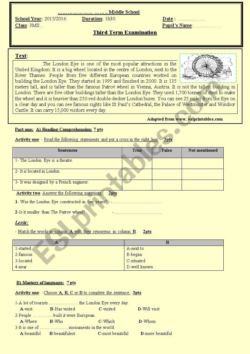 third term examination(3MS worksheet