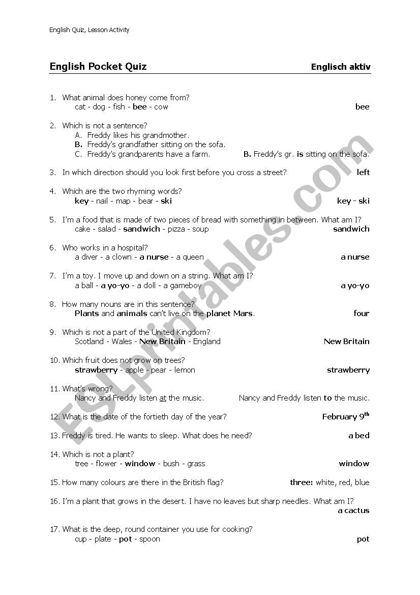 English Pocket Quiz worksheet