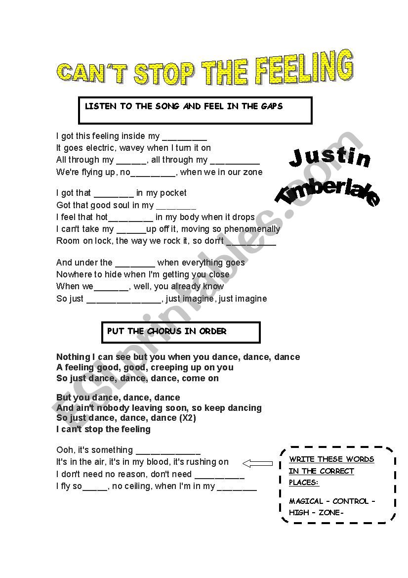 song:Cant stop the feeling (Justin Tiberlake) worksheet