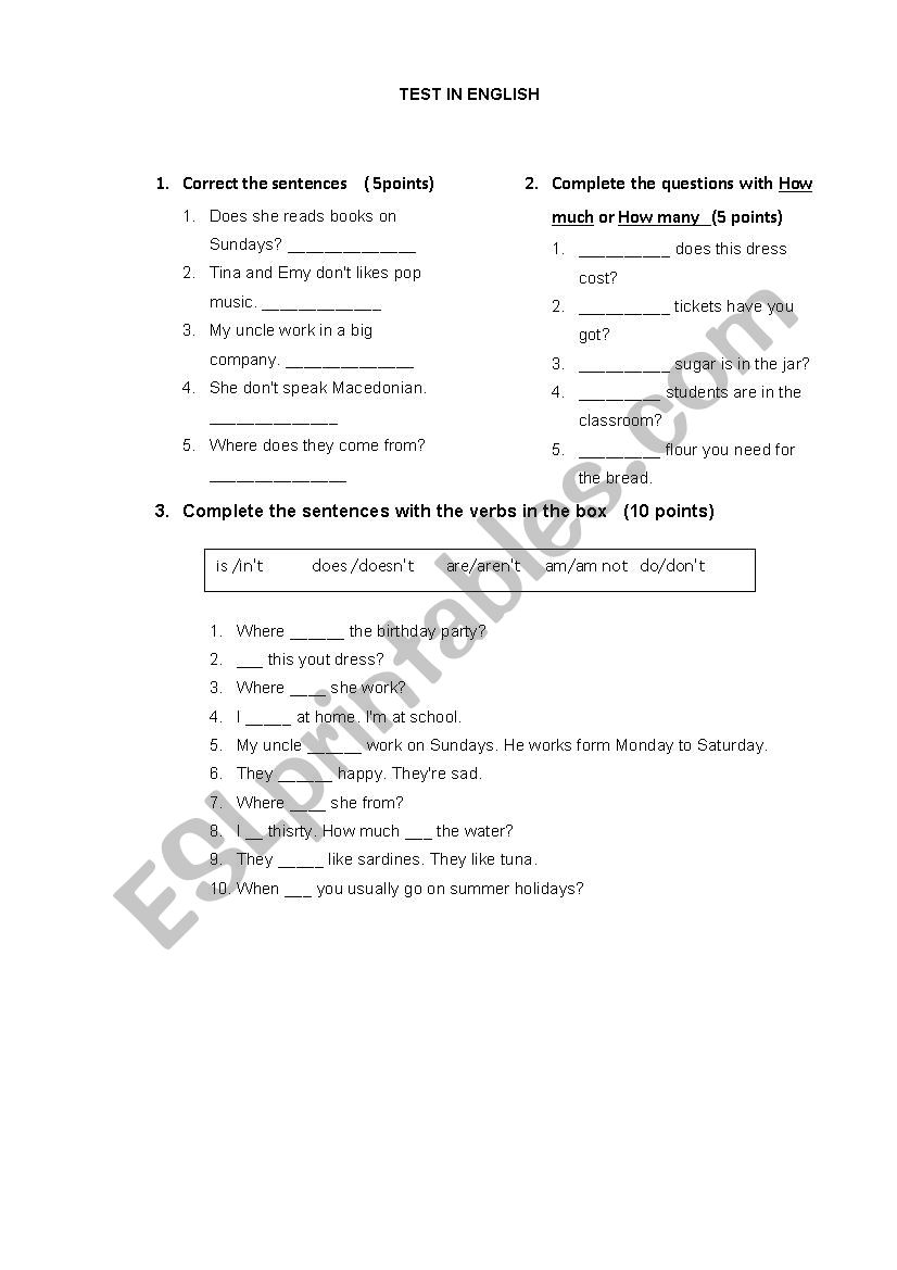 test in english worksheet